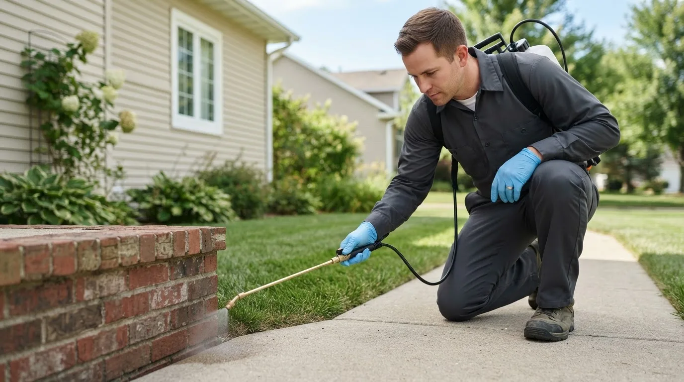 Pest control technician treating a home near Mooreland, OK