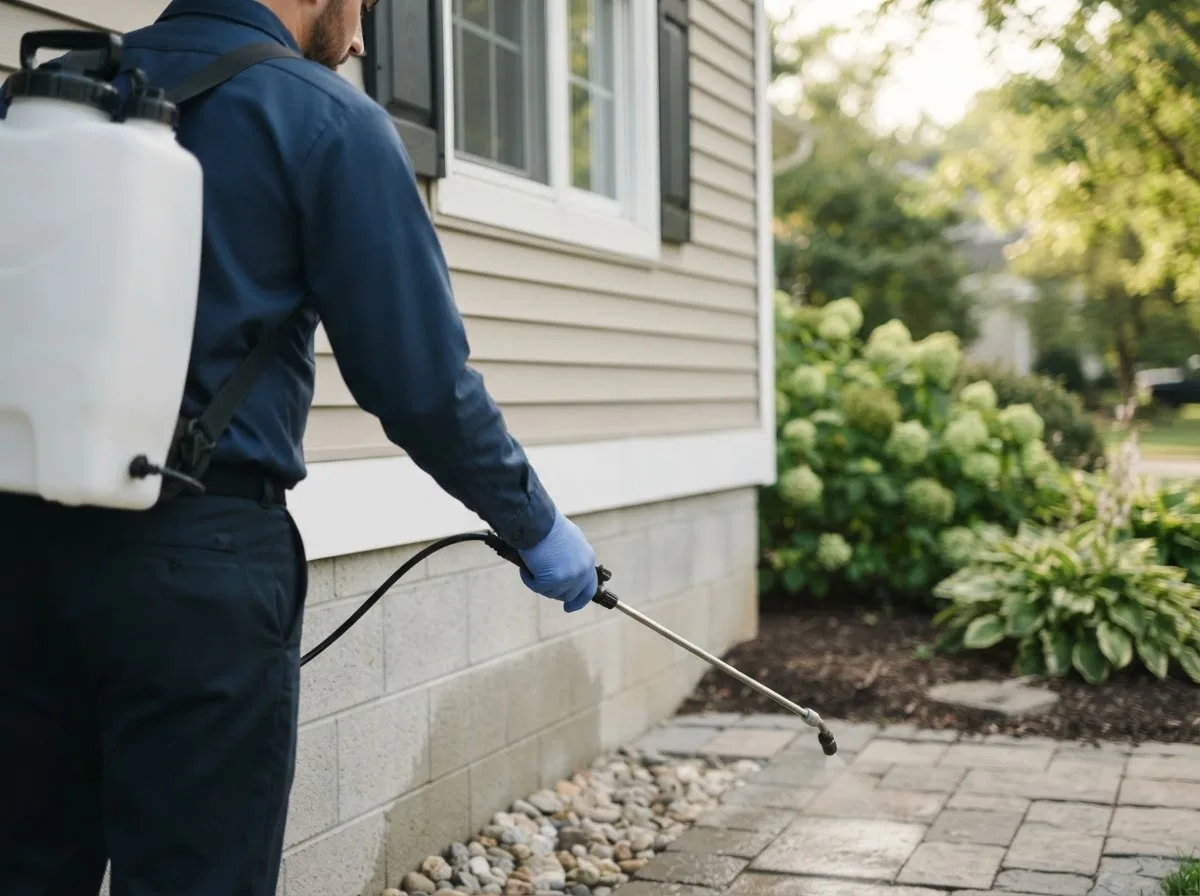 Pest control technician inspecting a home in Mooreland, OK
